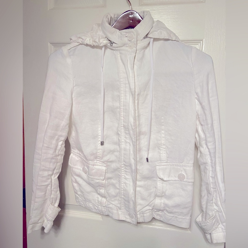 Talbots Casual White Linen Zip-Up with optional Hoodie